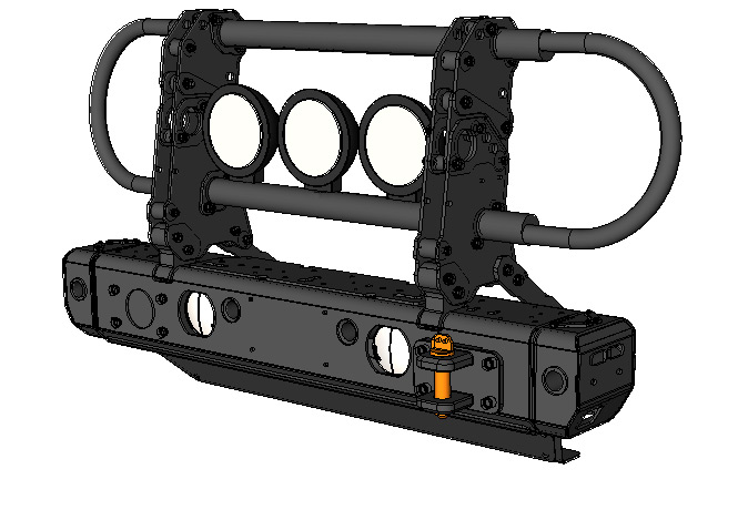 <b>Modular Front-End System (MFES-JK C8-S) with Full Grill Guard, Headlight Guards, Skid Plate, Drop Pin Jaw and Auxiliary Lighting</b><span><br /> Designed by <b><a href='/success-stories/mud-snow-sand-meet-technology/'>Trey Hermann</a></b> of <b><a href='http://pronghorngear.com/'>Pronghorn Overland Gear</a></b> • Created in <a href='/3d-modeling/3d-modeling-cobalt.html'>Cobalt CAD & 3D Modeling Software</a></span>